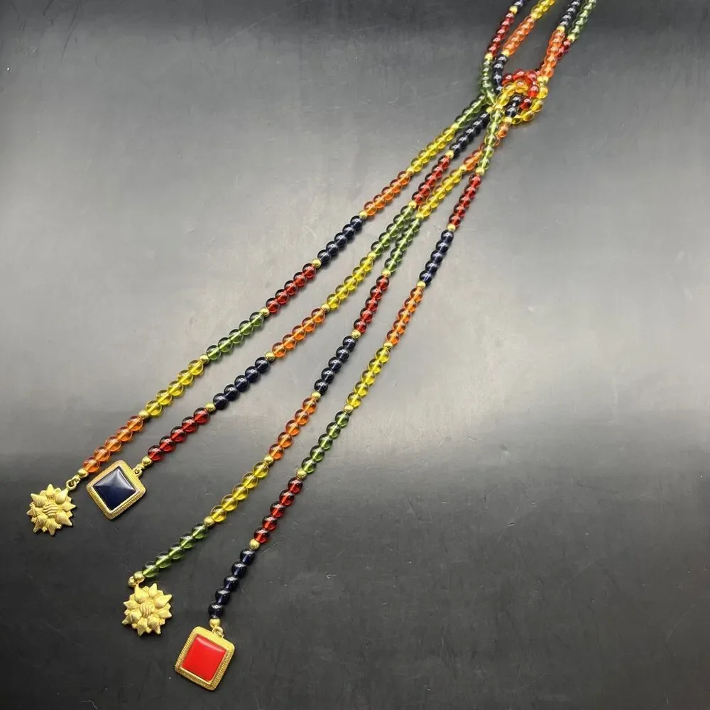 Vintage Liz Claiborne Beaded Lariat Necklace or Belt Colorful Flower Charm 55 In